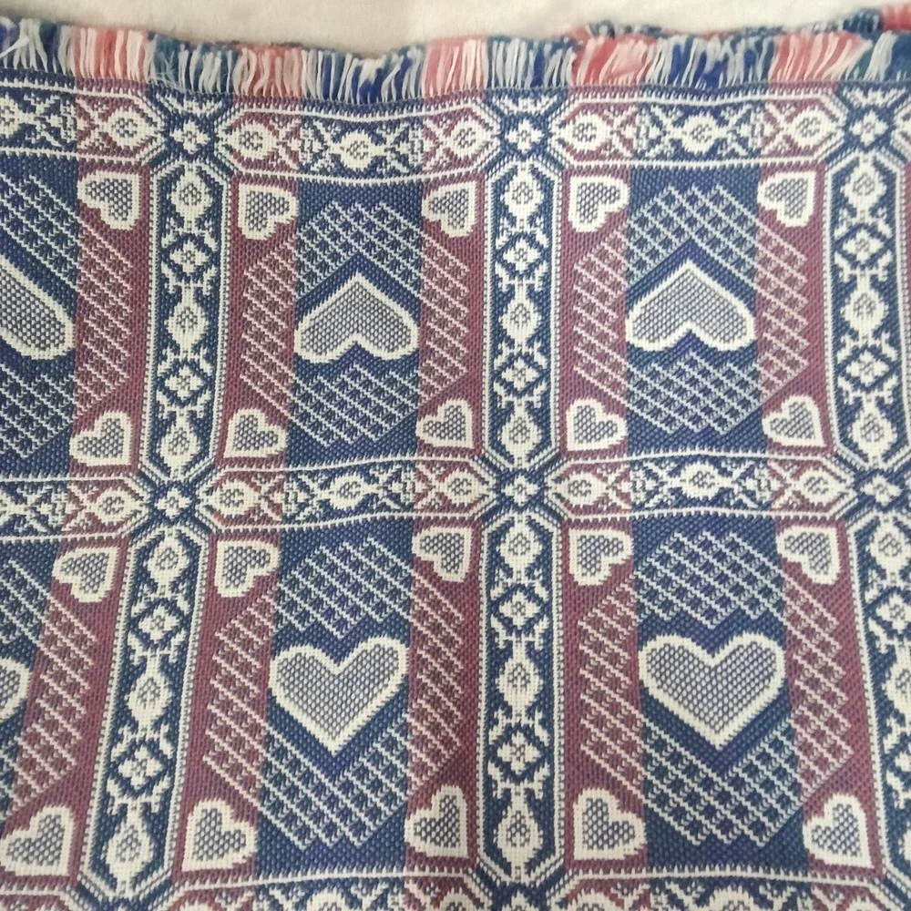 Woven Heart Table Runner Pink Blue Fringed Farmhouse Decor 70x15 Cottagecore